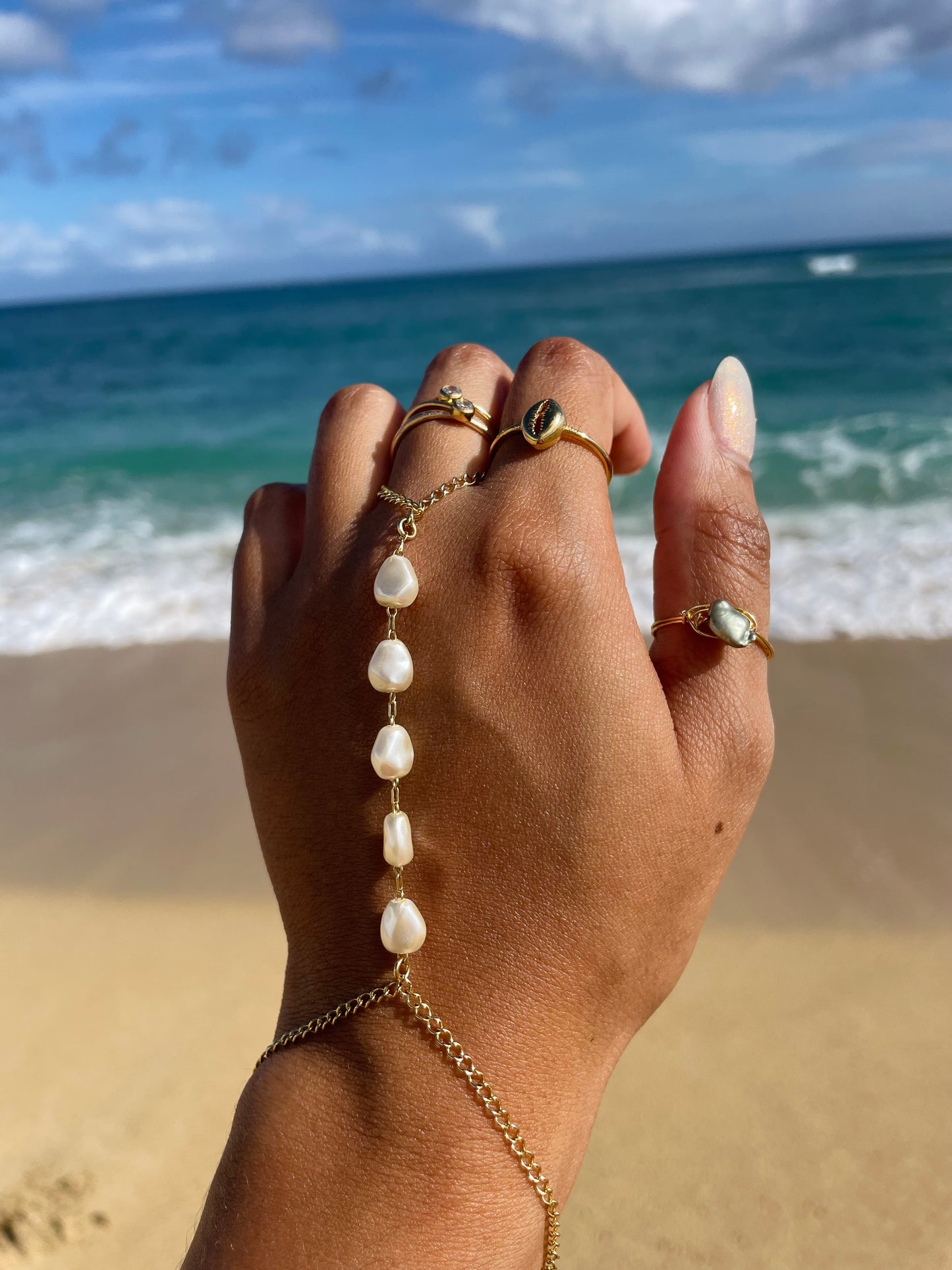 White Pearl Hand Chain Bracelet