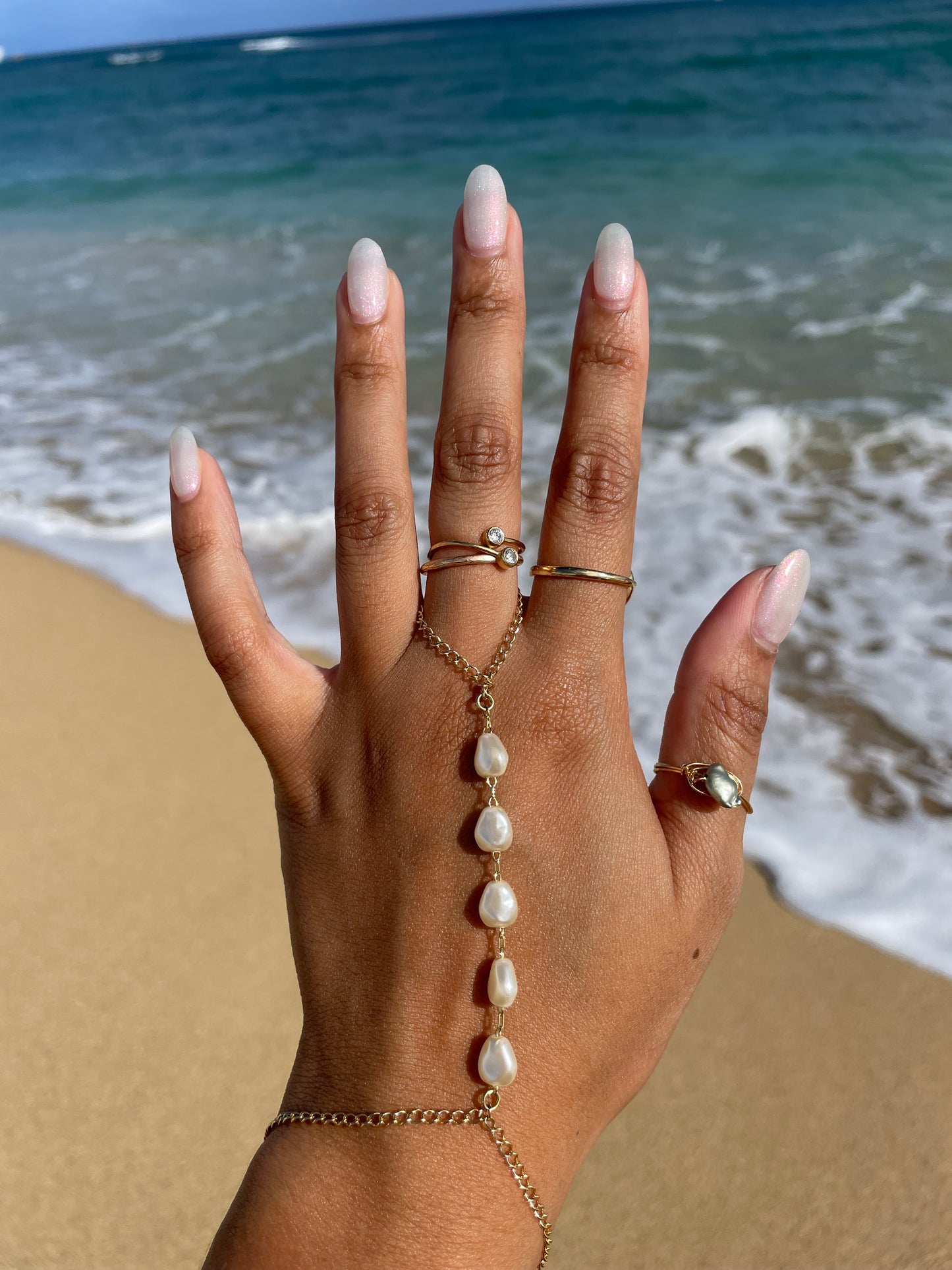 White Pearl Hand Chain Bracelet